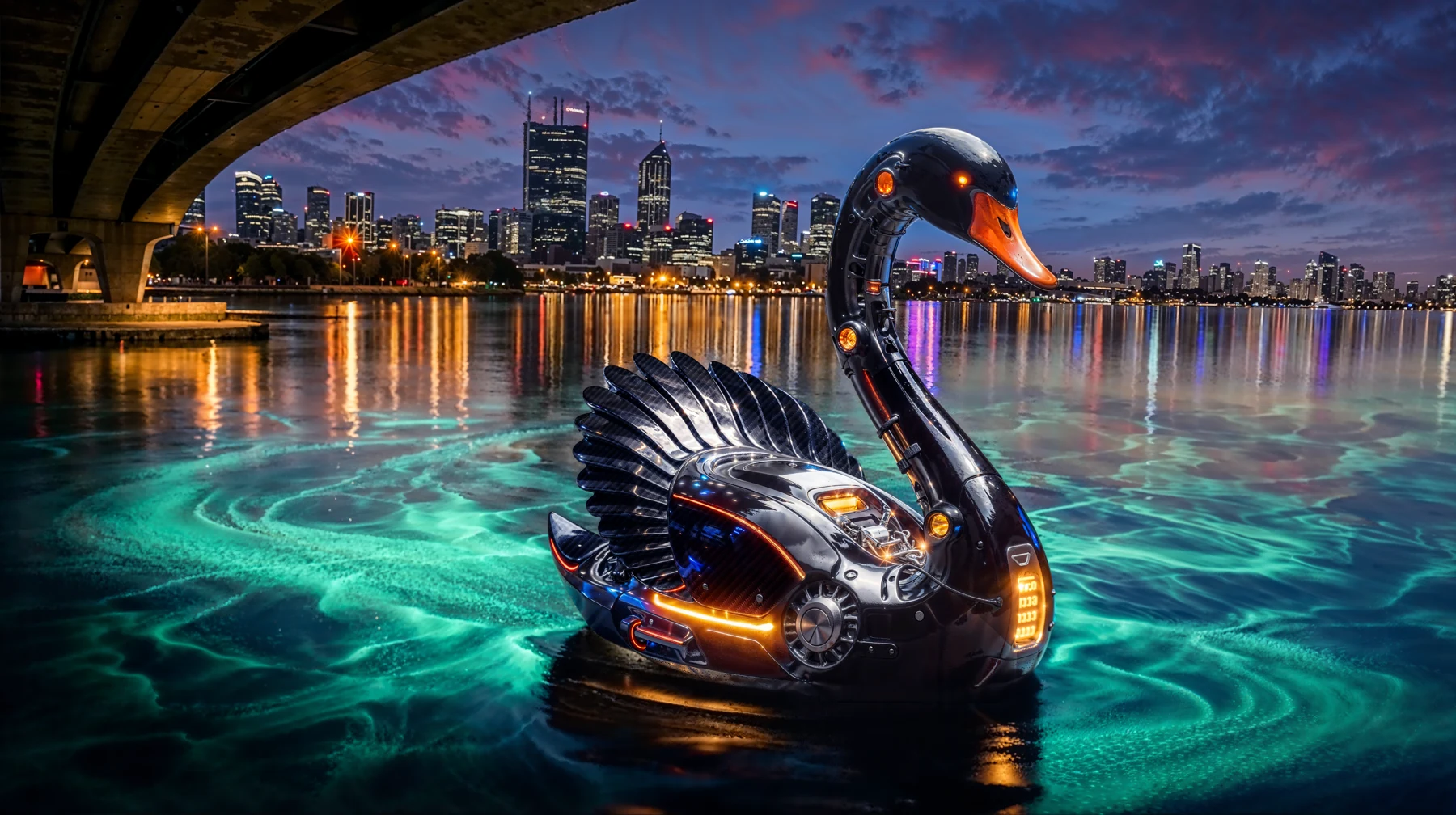 Mechanical swan on the Perth waterfront at dusk