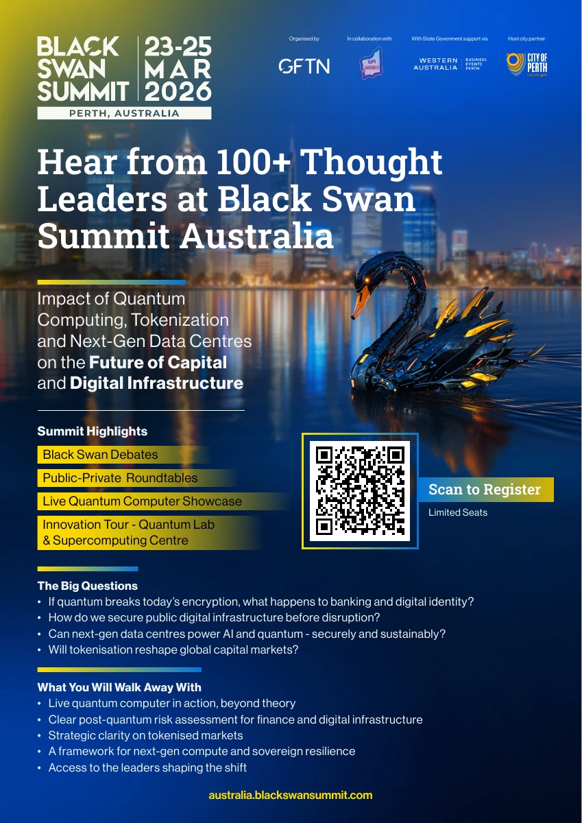 Black Swan Summit Australia partner collateral with mechanical swan and Perth skyline