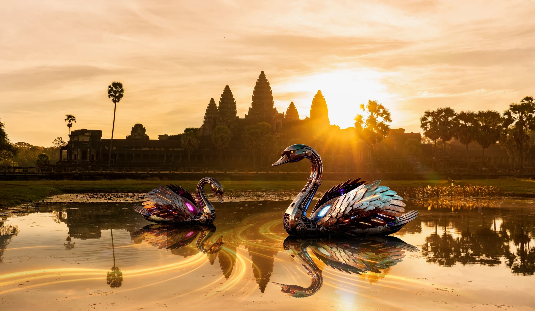 Two mechanical swans on golden water before Angkor temples