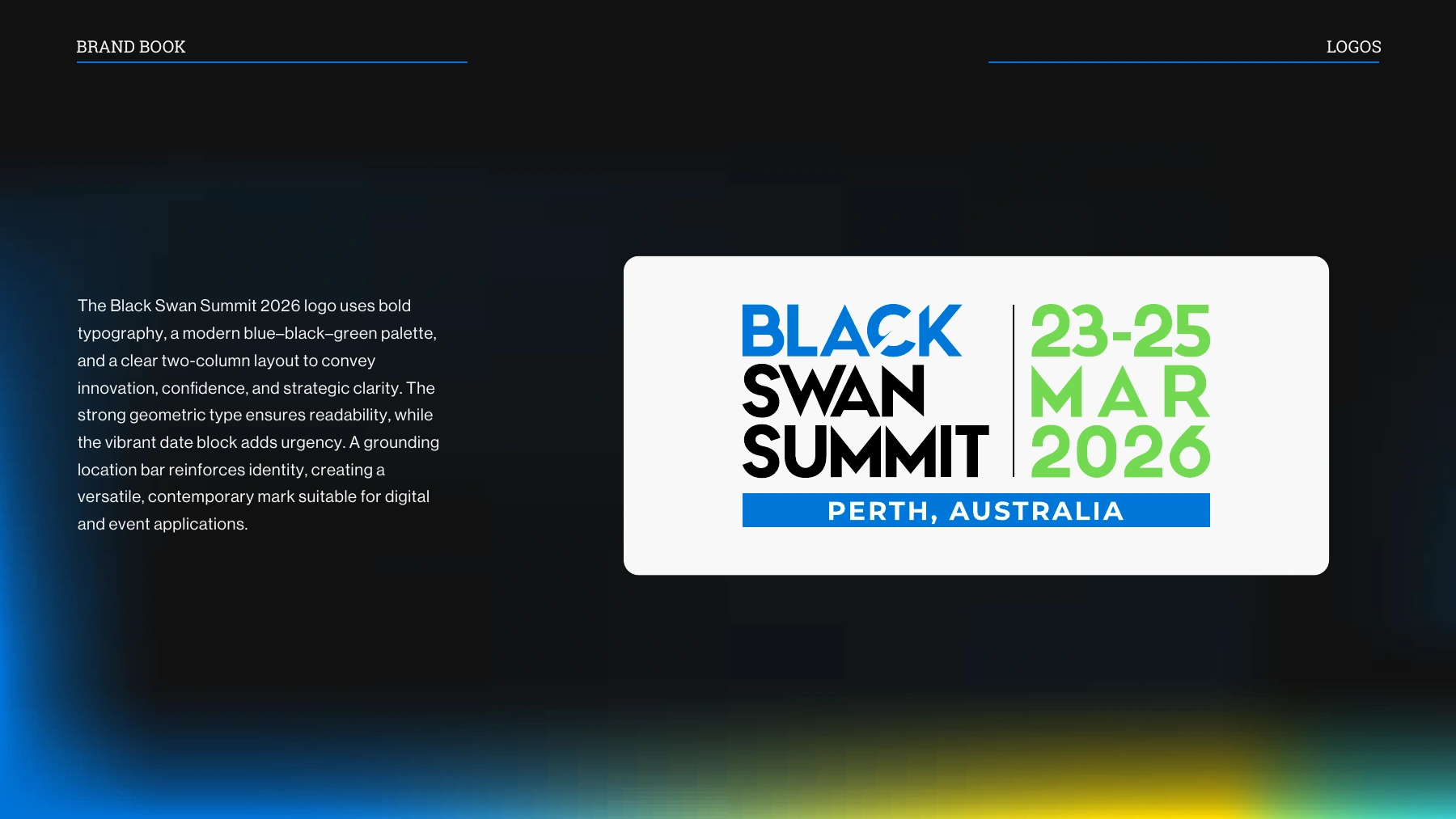 Black Swan Summit Australia brandbook page 2, Logo and regional lockup