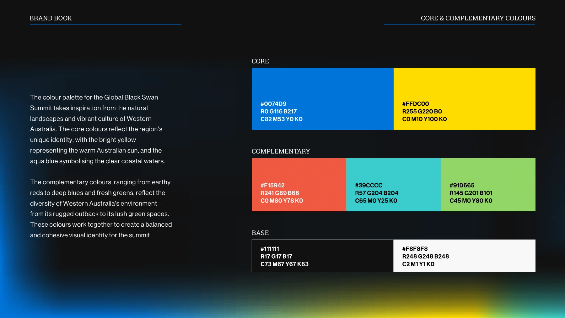 Black Swan Summit Australia brandbook page 7, Core and complementary colours