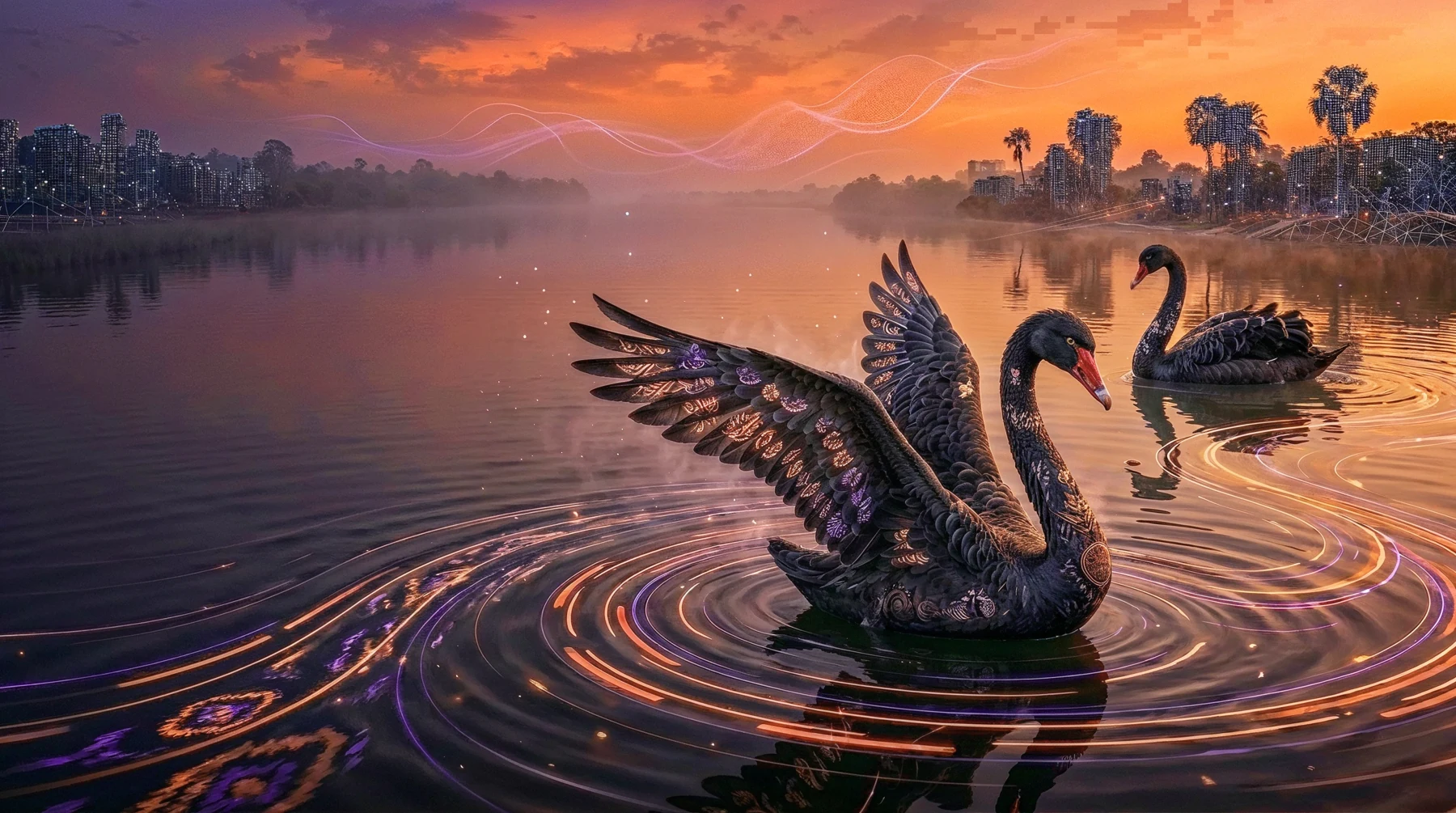 Three dark futuristic swans on a river at sunset