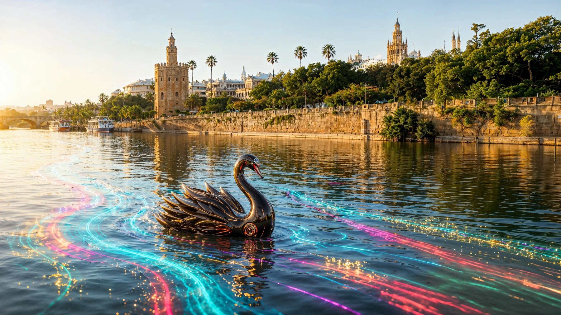 A mechanical swan on the river beside Seville architecture