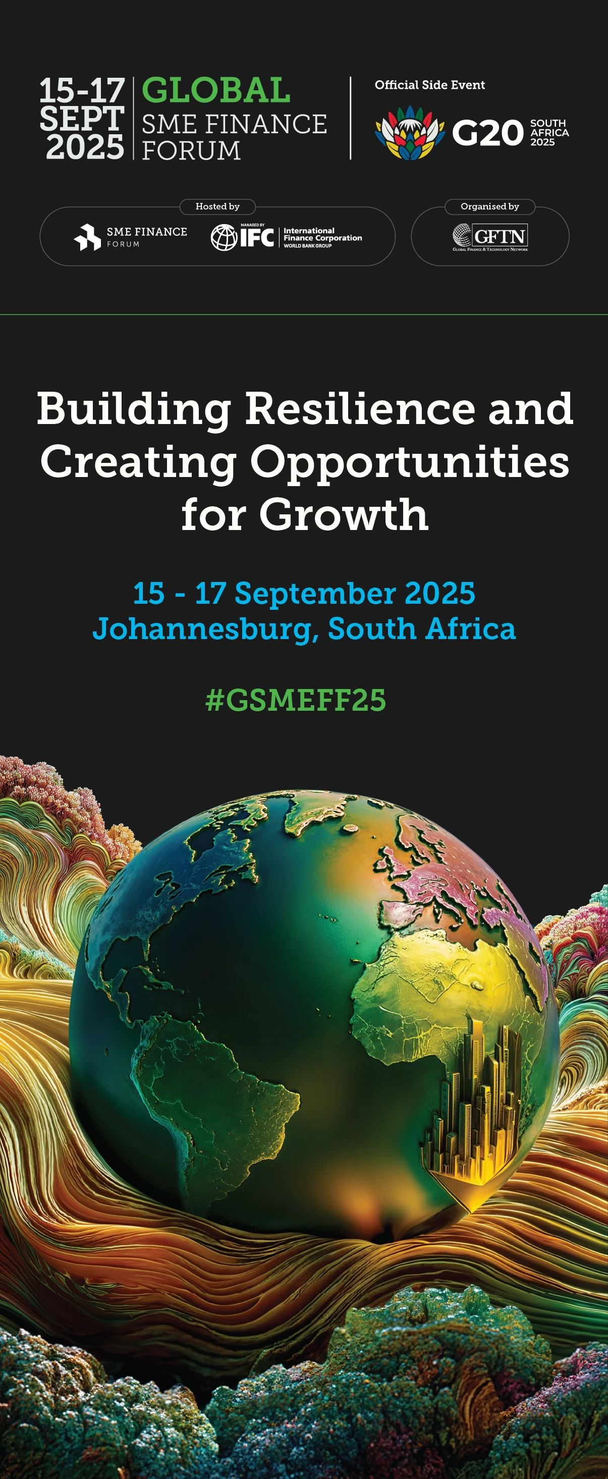 Global SME Finance Forum pull-up banner design with a luminous globe and flowing green and gold terrain