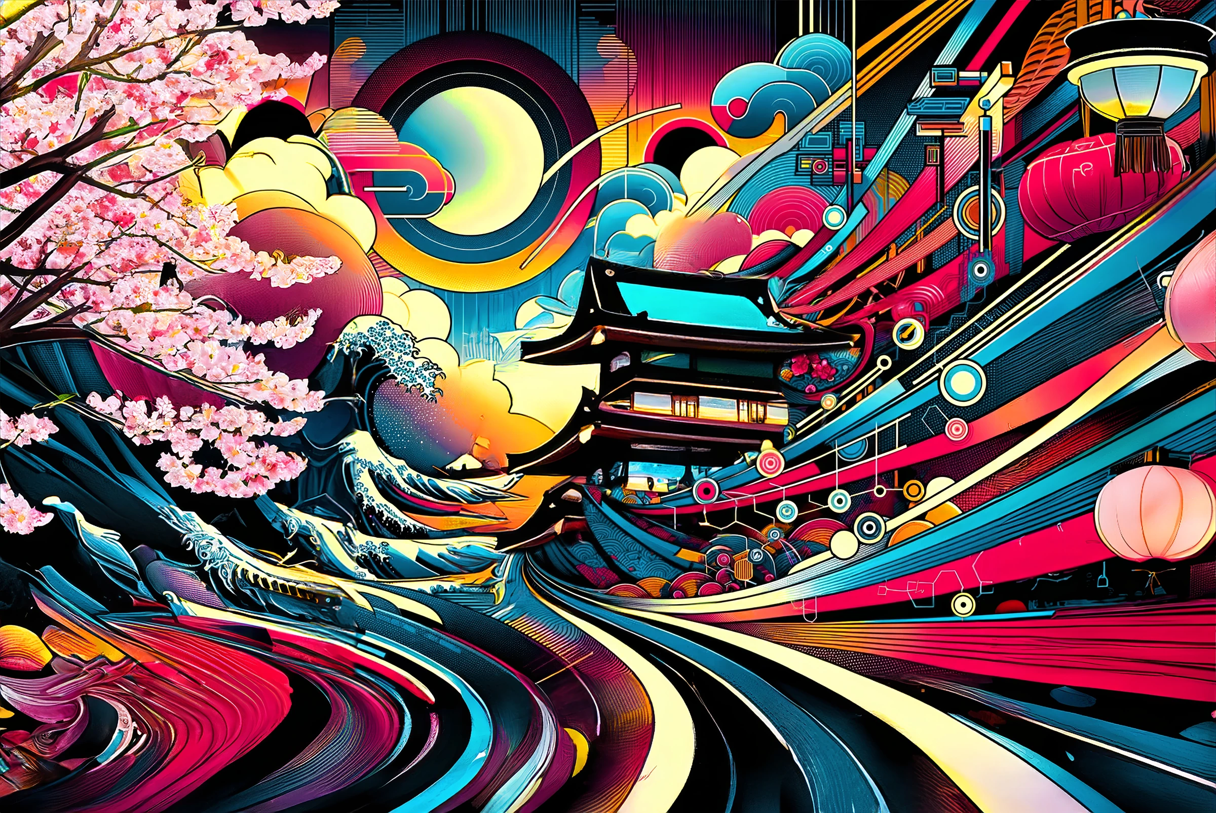 Japan 2024 key visual: sakura blossoms, waves, a temple and flowing ribbons in vivid pink, teal, yellow and red