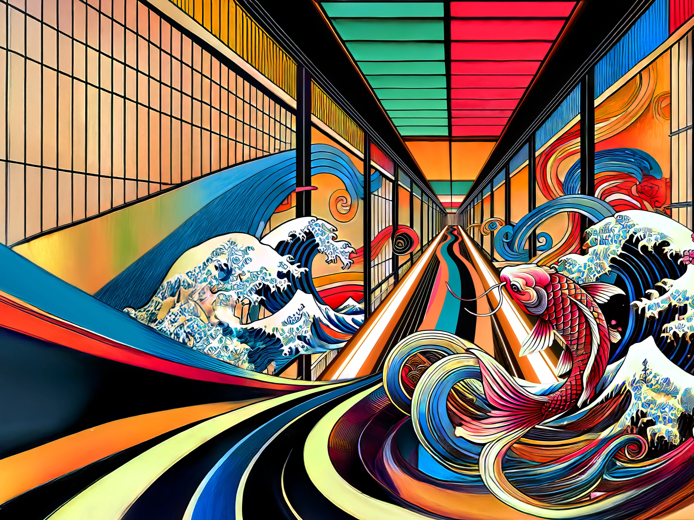 Japan 2025 key visual: a koi rising through curling waves beside a long corridor of colourful panels and flowing ribbons