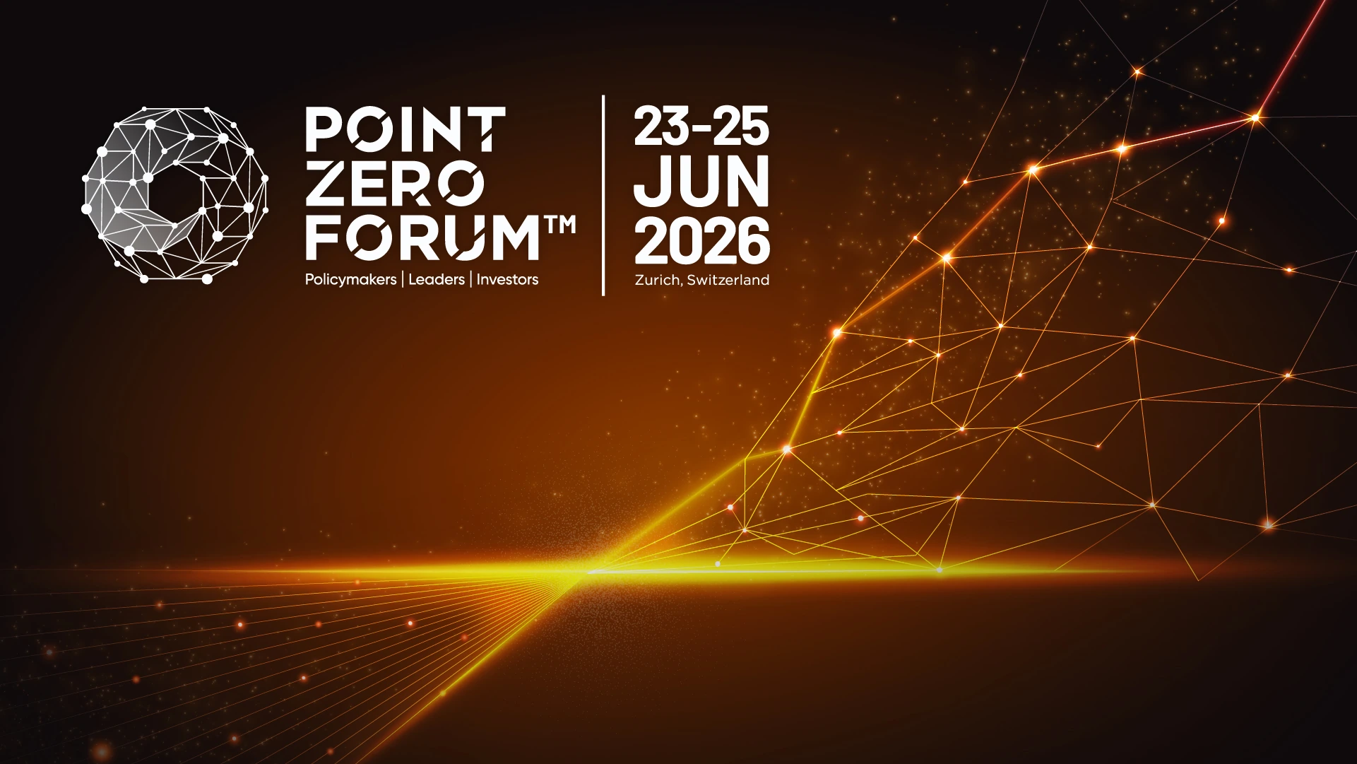 Point Zero Forum 2026 dark key visual: connected lines and glowing nodes, with the event logo and 23–25 June dates