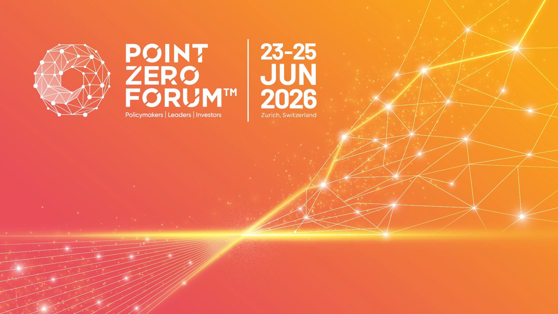 Point Zero Forum 2026 light key visual: connected lines and glowing nodes, with the event logo and 23–25 June dates