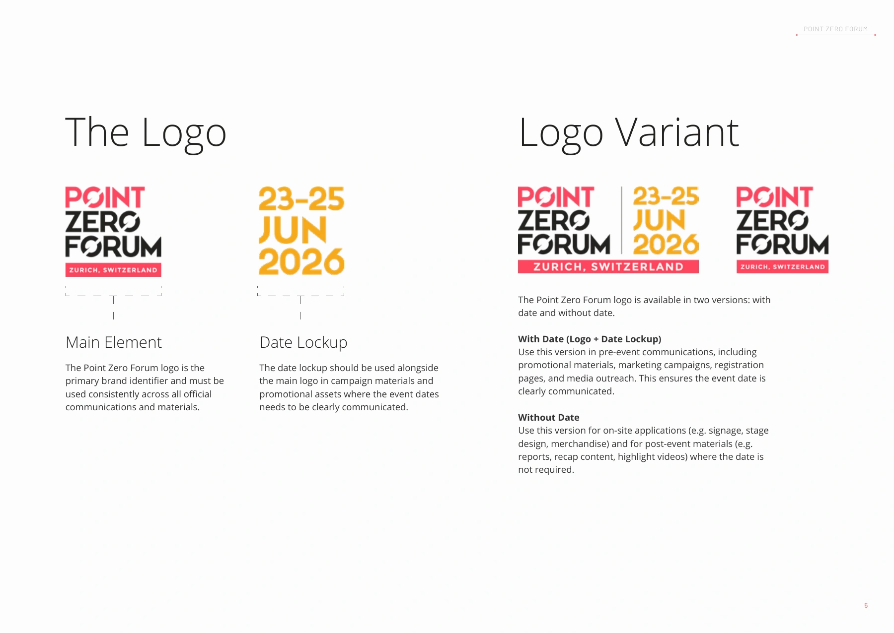 Point Zero Forum 2026 brandbook page 5, Logo and date lockup