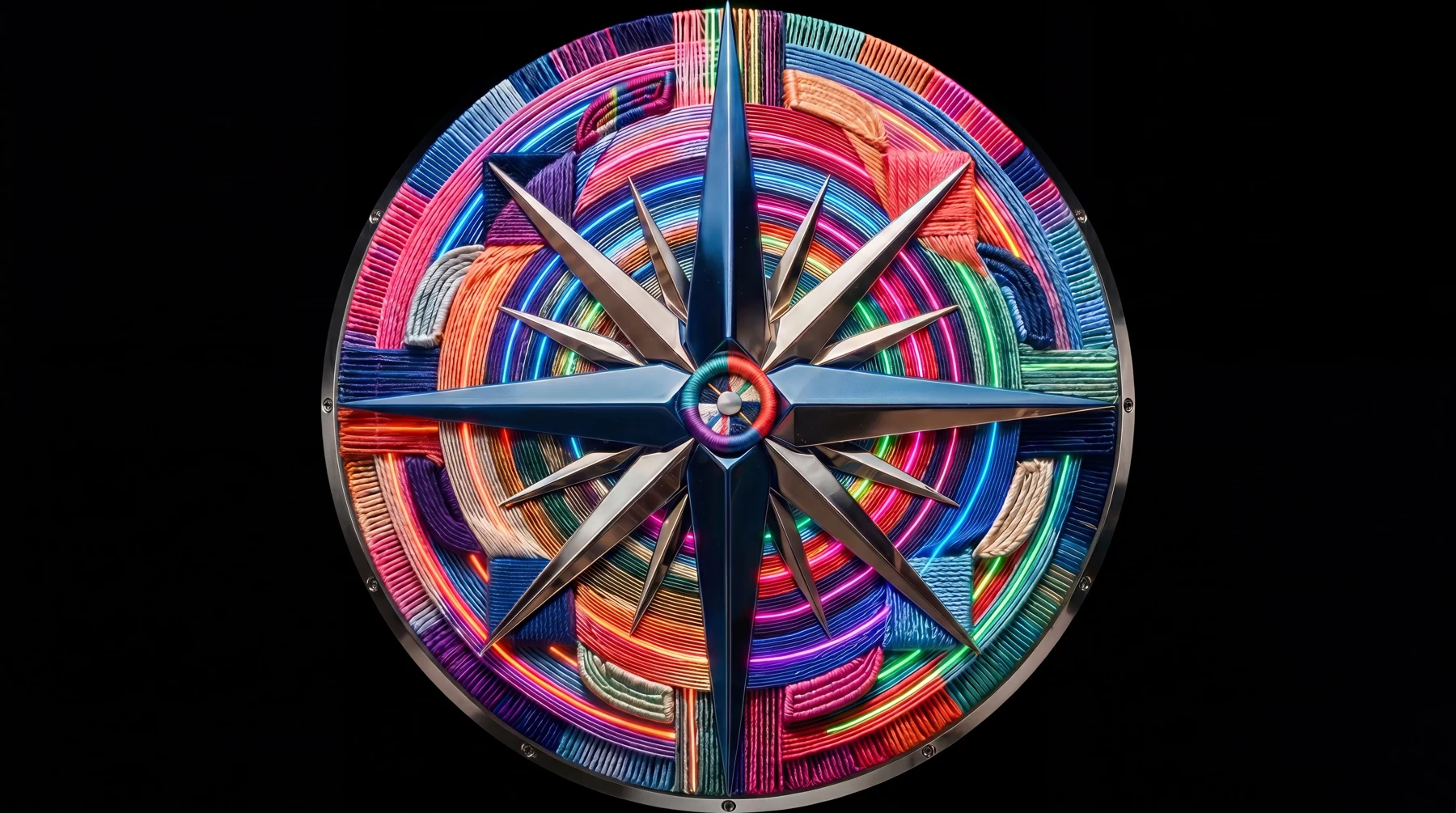 Colourful metallic compass on black