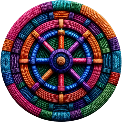 A circular wheel with spokes and concentric rings of woven threads