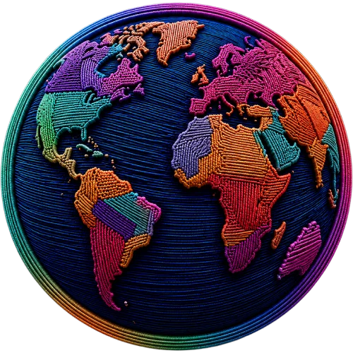 A globe with continents and oceans formed from woven threads