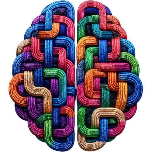 A brain formed from looping multicoloured woven threads