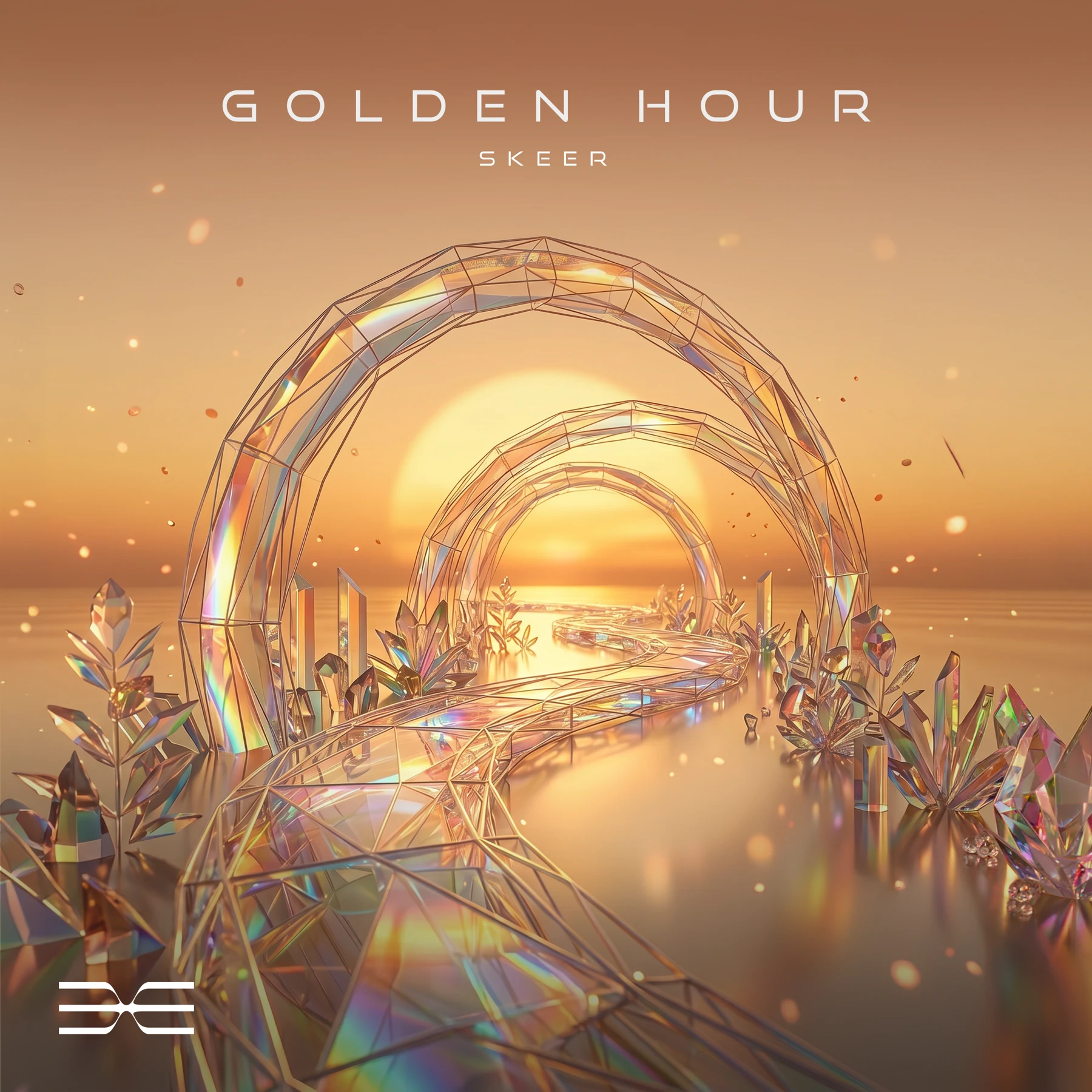 Golden Hour release cover with faceted arches in a sunset landscape